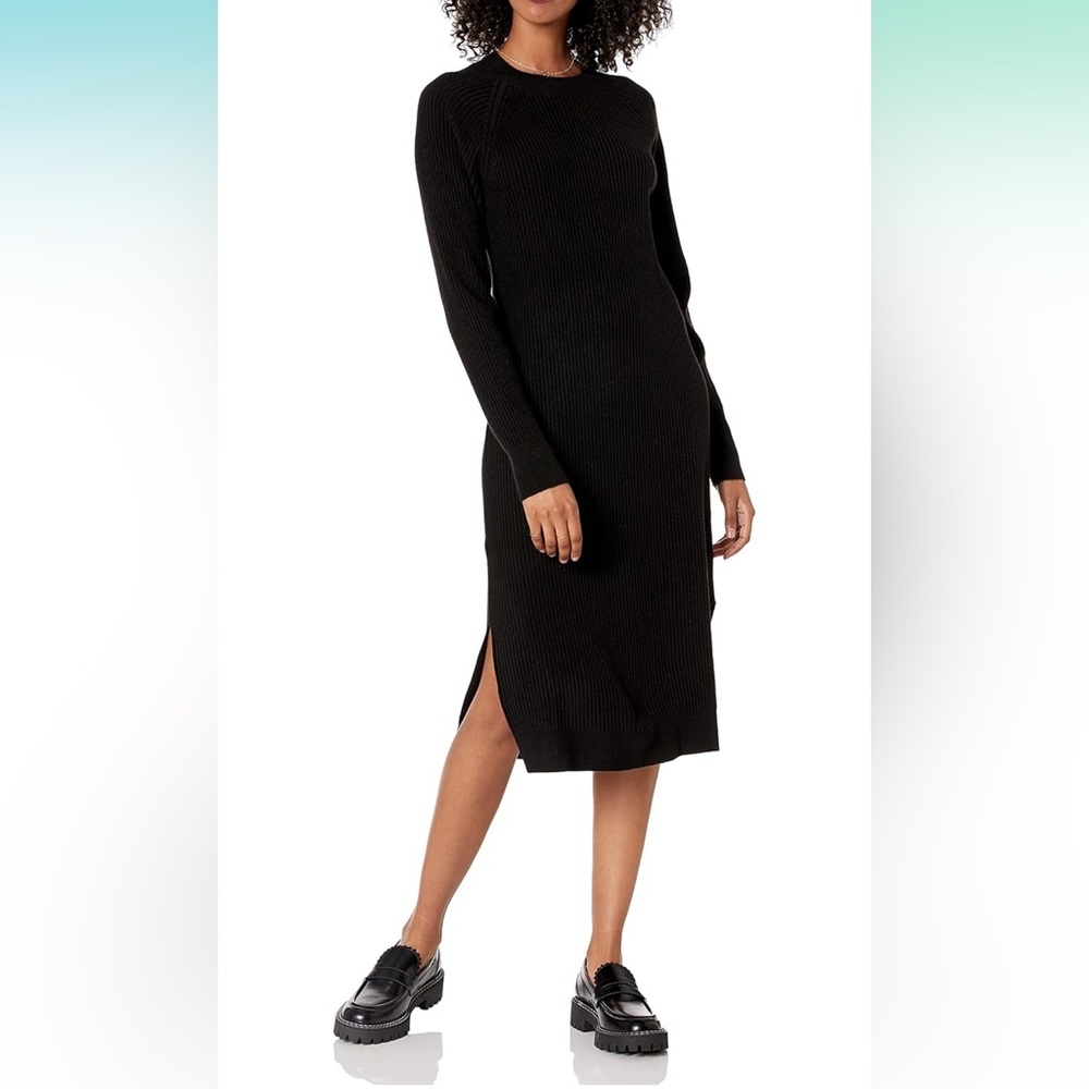 The Drop Black Ribbed Maxi Sweater Dress with Slit M